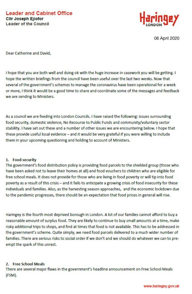 Letter to Catherine West MP and David Lammy MP (page1)