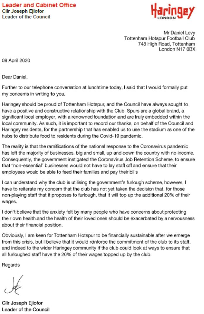 Letter from Cllr Ejiofor to Daniel Levy