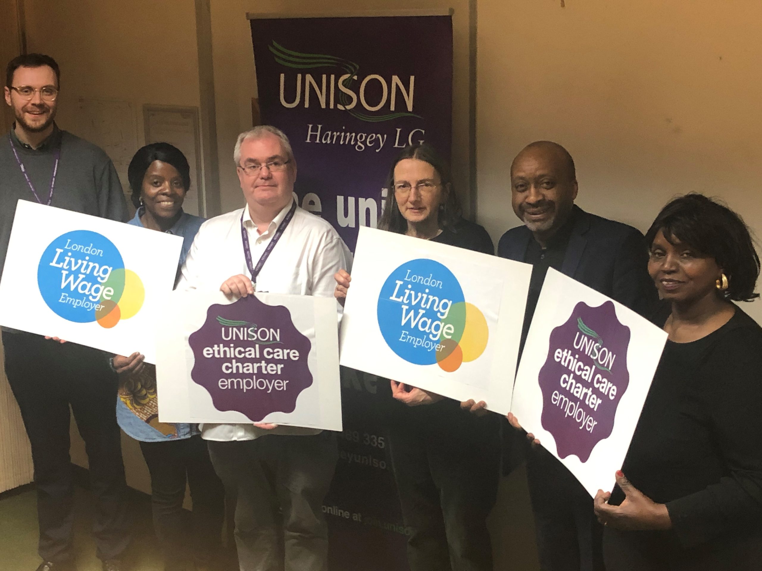 Cllrs Sarah James and Joseph Ejiofor with members of Haringey UNISON and care workers