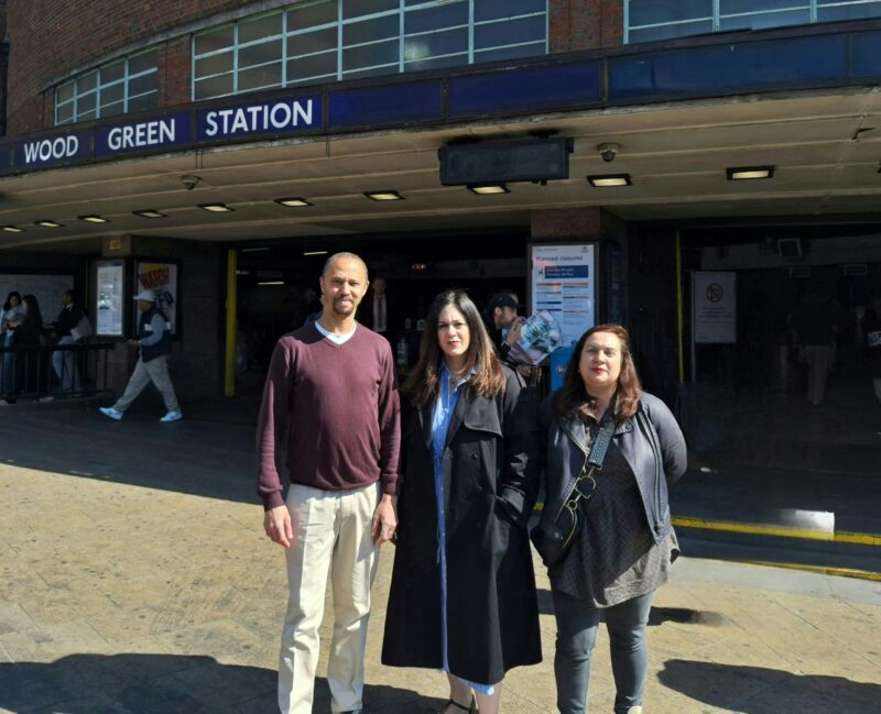 Cllrs Hakata, Ahmet and das Neves outside Wood Green Station